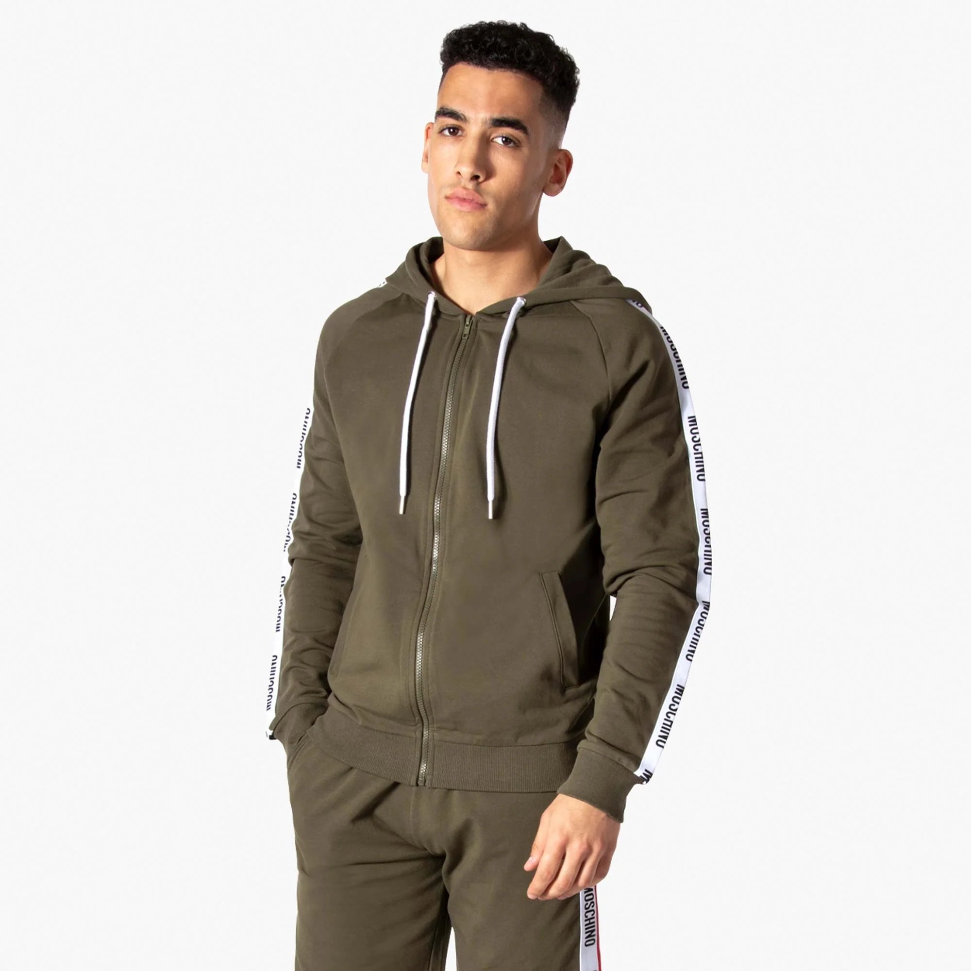 Logo Taped Arm Zip Through Hoodie