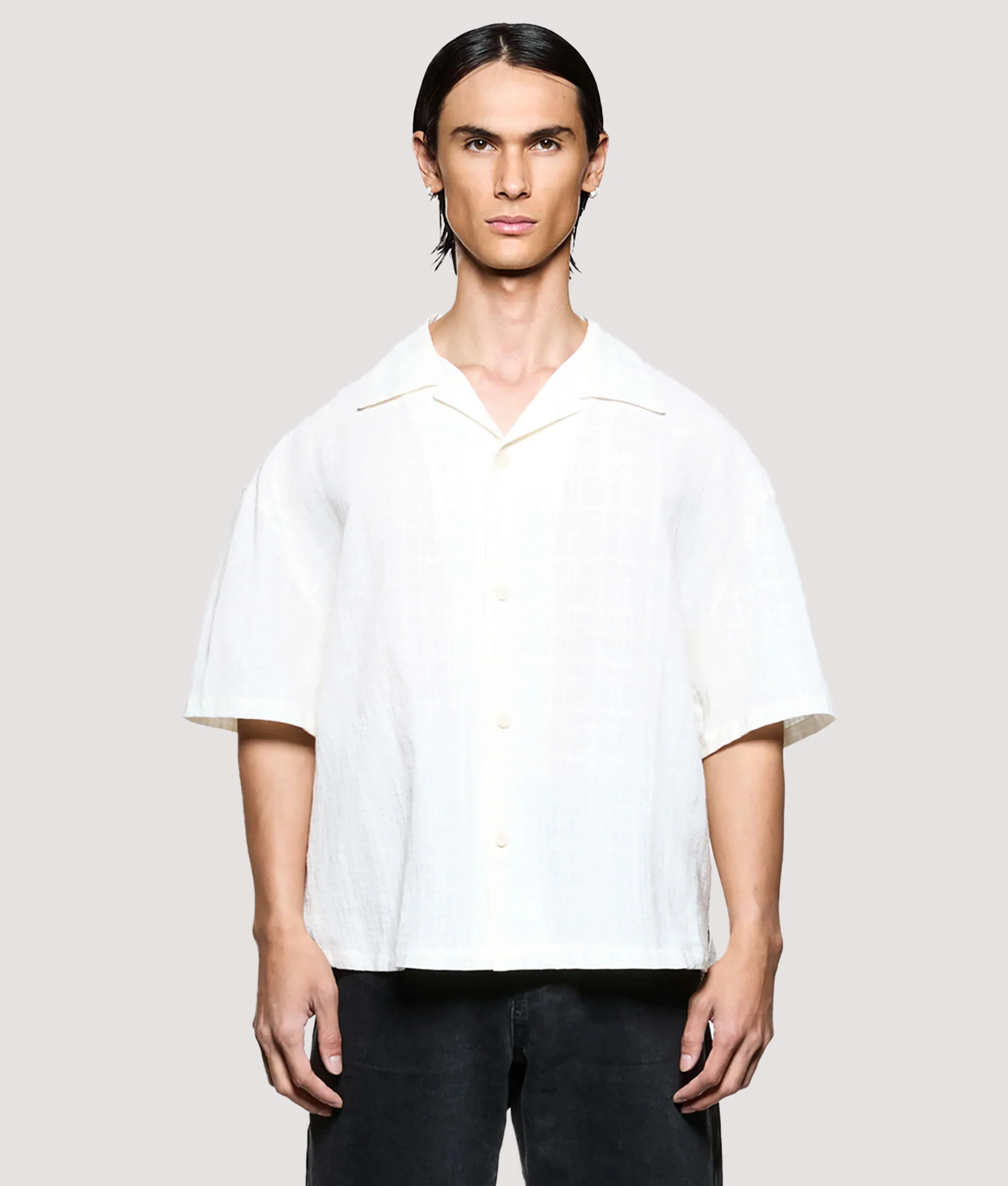 Box Fit Loose Weave Check Short Sleeve Vacation Shirt