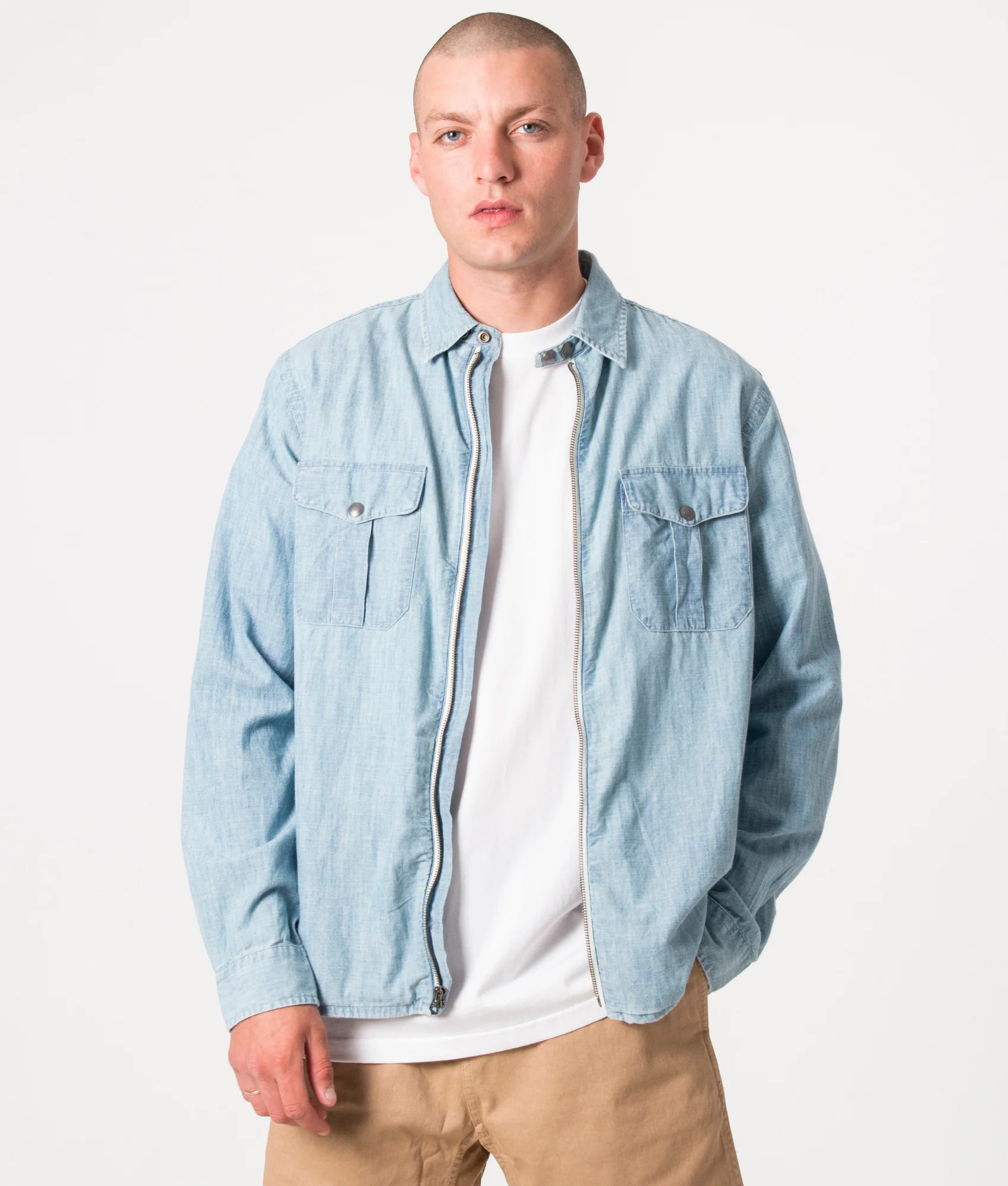 Relaxed Fit Zip Through Chambray Overshirt - Image 3