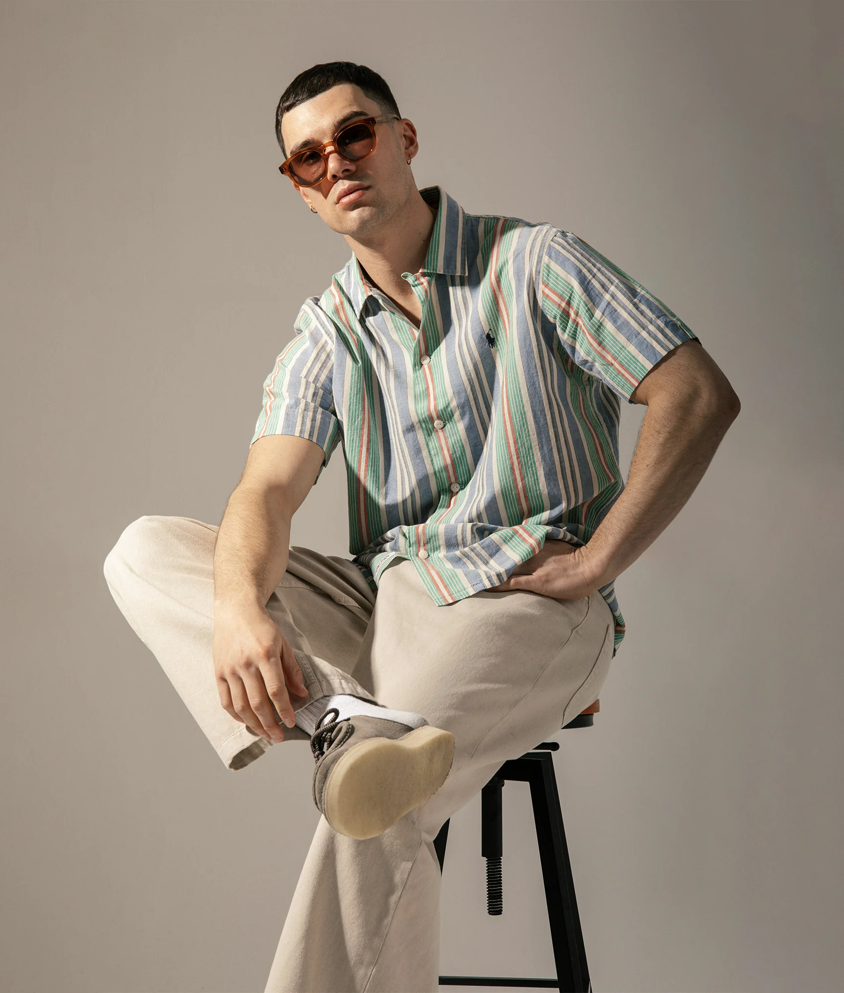 Classic Fit Short Sleeve Striped Chambray Camp Shirt - Image 2